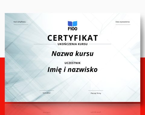 Šablona certifikátu f100 online kurzů v polštině