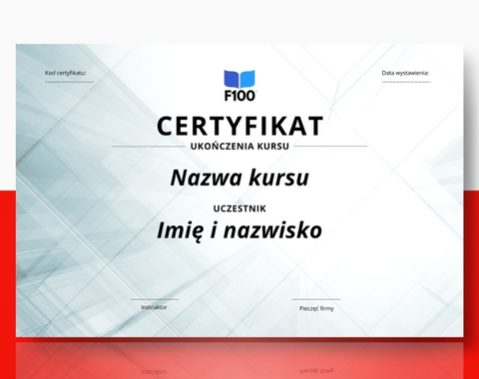 Šablona certifikátu f100 online kurzů v polštině_s